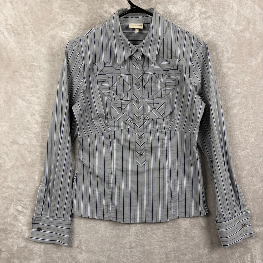 Karen Millen Grey Striped Origami Pleat French Cuff Shirt Top Women US 8 UK 12